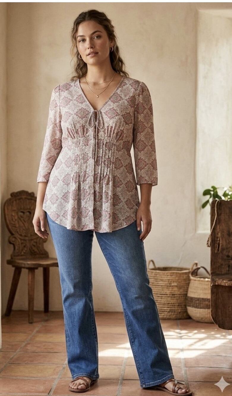 Y2K Wrap Paisley Medallion Blouse Muted Pink Boho Cottagecore Peasant L Cotton